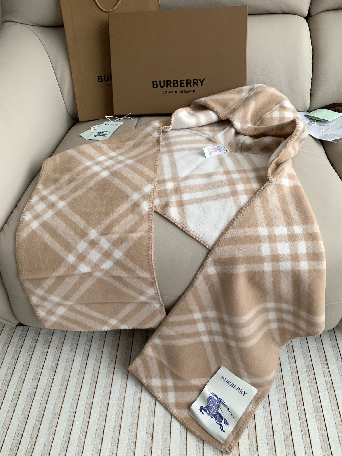Burberry Beige Plaid Fringe Scarf