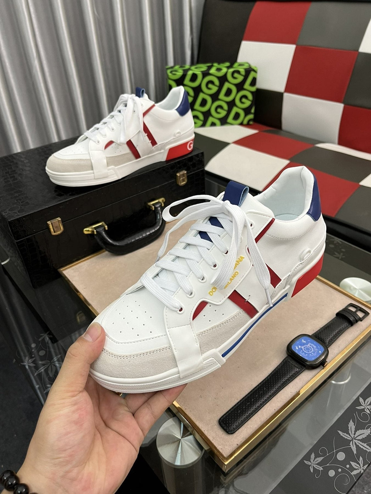 Men's White Low-Top Sneakers with Red and Navy Accents